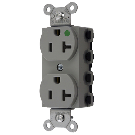 HUBBELL WIRING DEVICE-KELLEMS Straight Blade Devices, Receptacles, Duplex, SNAPConnect, Hospital Grade, 20A 125V, 2-Pole 3-Wire Grounding, 5-20R, Nylon, Gray, USA SNAP8300GYNA
